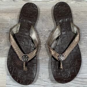 Tory Burch Flip Flops Gold Snakeskin Logo Thong Sandals Leather Size 8